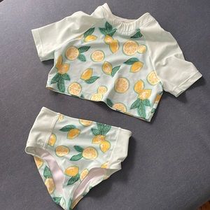 Adorable, lemon, print, two-piece cropped rash, guard, girls kids swim <3